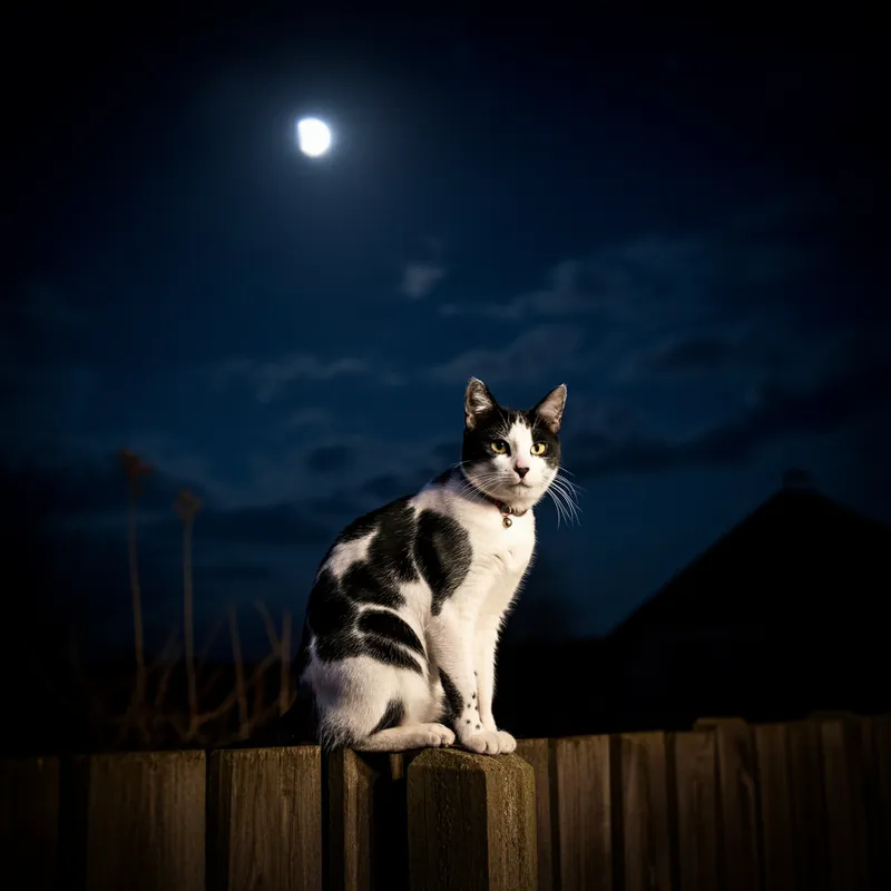 Mystic Night Cat - A black and white spotted cat sitting atop a fence under the moonlight, with a calm night sky as the backdrop. - AI image generated with Imagen 3