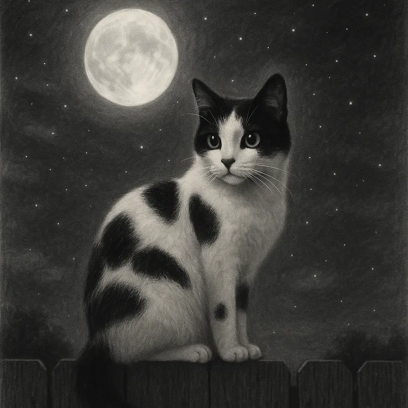 Mystic Night Cat - A black and white spotted cat sitting atop a fence under the moonlight, with a calm night sky as the backdrop. - AI image generated with GPT Image