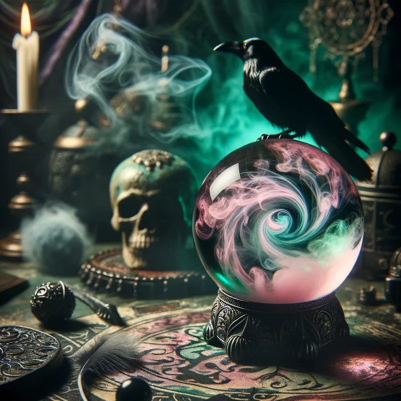 Mystic Orb - An eerie scene featuring a crystal ball with swirling pink and green mists, on an intricately decorated table. A crow perches atop the ball, with obscure magical artifacts in the shadows behind. - AI image generated with Art