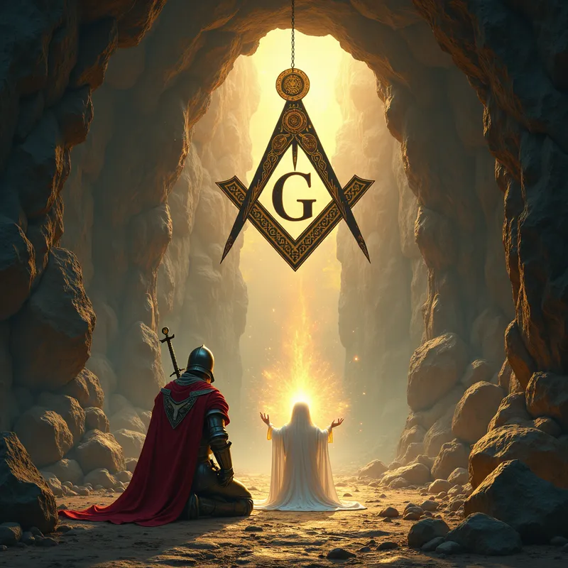 Mystic Templar Altar Encounter - realistic image with Masonic symbol with the letter G between the square and compass, with a Templar knight wielding a sword kneeling in front of an altar, with a divine mystical being in front of him, with light coming from within a cave - AI image generated with Text