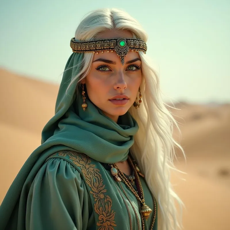 Mystic Wanderer - A mysterious woman with white hair and green eyes, cloaked in traditional Middle Eastern attire, traverses the expansive and mystical desert. - AI image generated with Photorealistic 2