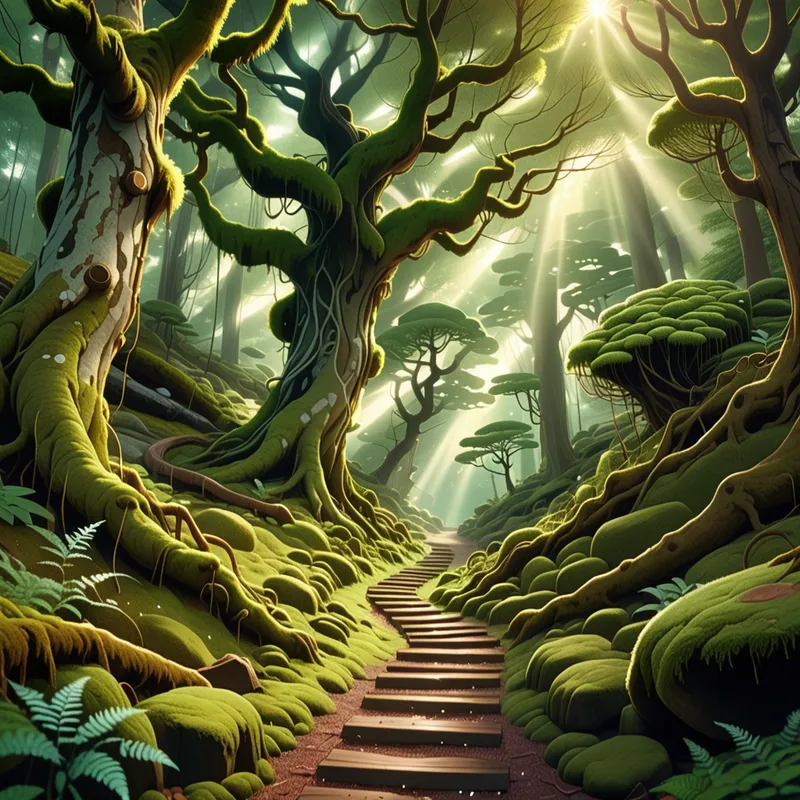 Mystic Woodland Path - Anime-inspired forest scene featuring a winding path beneath massive trees, sparkling magical particles, moss-covered roots, gentle rays of light, serene and mystical mood, rich natural textures, cinematic composition - AI image generated with Fictional