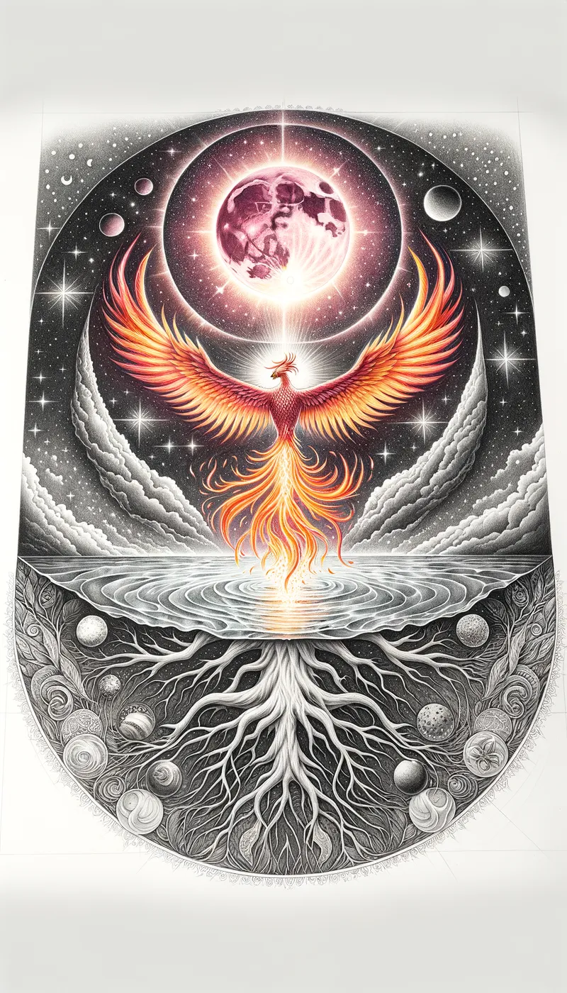 Mystical Ascension - form image bottom to top. at the bottom A tree of life with water underneath. Then a rising phoenix above the and at top a pink moon under stars/Spring equinox - AI image generated with Art - pencil drawing, bird's eye view, symmetric