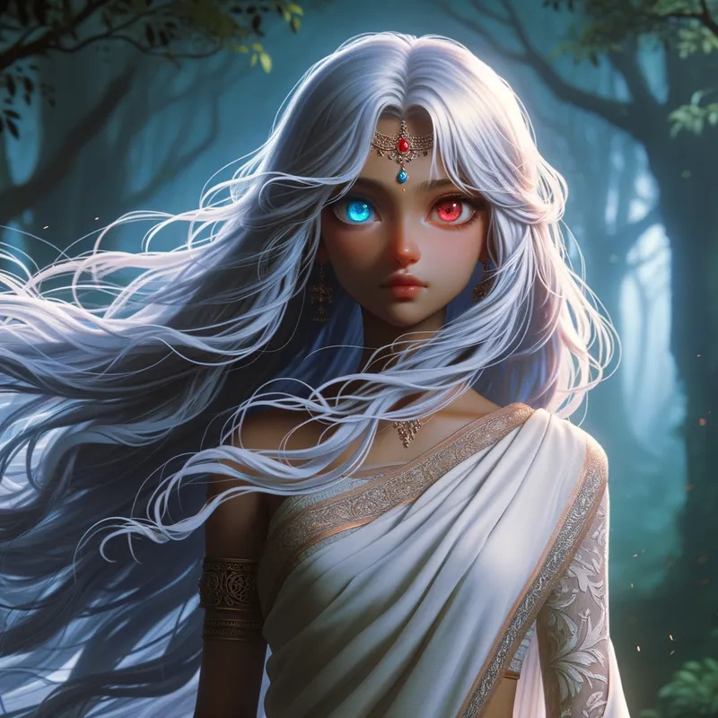 Mystical Dual-Eyed Girl - A girl with flowing white hair, standing in a mystical forest. Her left eye is light blue and her right eye is red, giving her an ethereal appearance. - AI image generated with Art