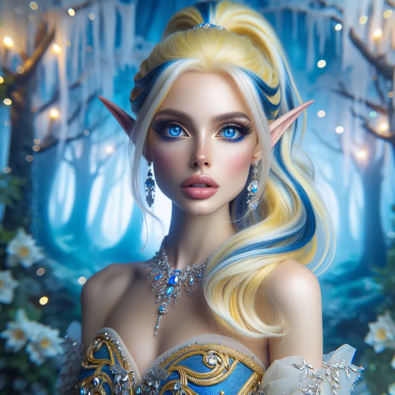Mystical Elf Sorceress - A beautiful elf girl with yellow blonde hair streaked with blue highlights and fashioned into a high ponytail. She has mesmerizing deep blue eyes and wears an elegant dress in white, blue, and gold with sparkling diamonds. The background is magical with enchanting trees that glow and shimmer with diamonds. - AI image generated with Art