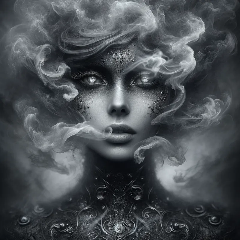 Mystical Enchantment - A stunningly beautiful portrait of a person with an enigmatic aura, surrounded by a mystical, swirling fog. Their eyes glow with an otherworldly light, and their clothing appears almost medieval with intricate patterns. - AI image generated with Art