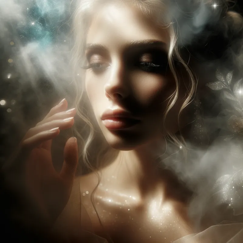 Mystical Enchantment - An ethereal scene featuring a lady partly obscured by mist, with glimmers of light and shadow creating an air of mystery and enchantment. - AI image generated with Art