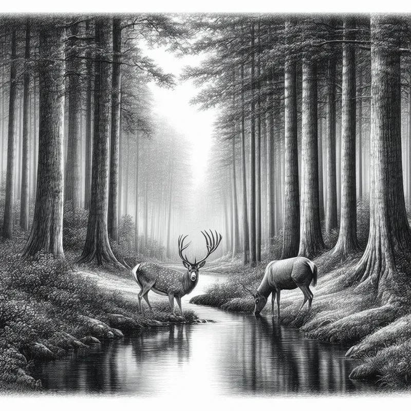 Mystical Forest Drawing with Deer - A detailed black and white drawing of a serene forest with tall, ancient trees, a small stream running through, and a deer drinking water. The scene is peaceful and has a mystical, timeless quality.