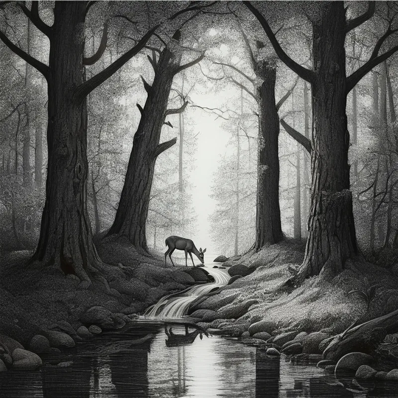 Mystical Forest Drawing with Deer - A detailed black and white drawing of a serene forest with tall, ancient trees, a small stream running through, and a deer drinking water. The scene is peaceful and has a mystical, timeless quality. - AI image generated with Imagen 3