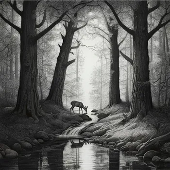 Mystical Forest Drawing with Deer