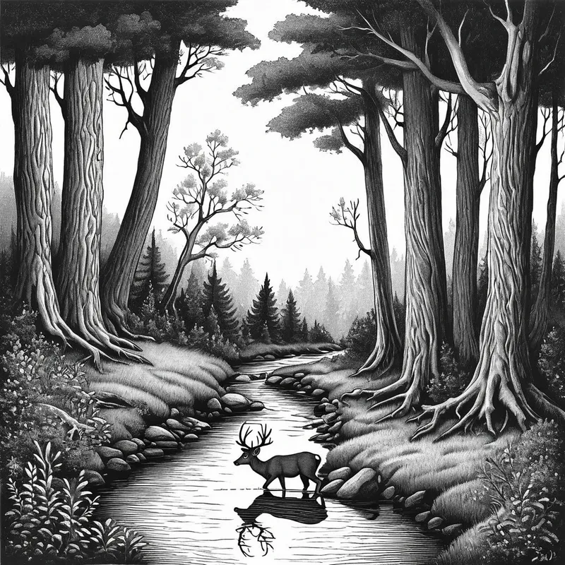 Mystical Forest Drawing with Deer - A detailed black and white drawing of a serene forest with tall, ancient trees, a small stream running through, and a deer drinking water. The scene is peaceful and has a mystical, timeless quality. - AI image generated with Nova Canvas