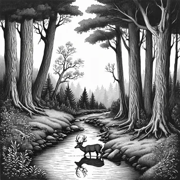Mystical Forest Drawing with Deer