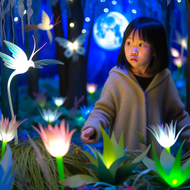 Mystical Forest Walk - A girl with a curious expression, exploring an enchanted forest with glowing plants and magical creatures, illuminated by soft moonlight. - AI image generated with Art