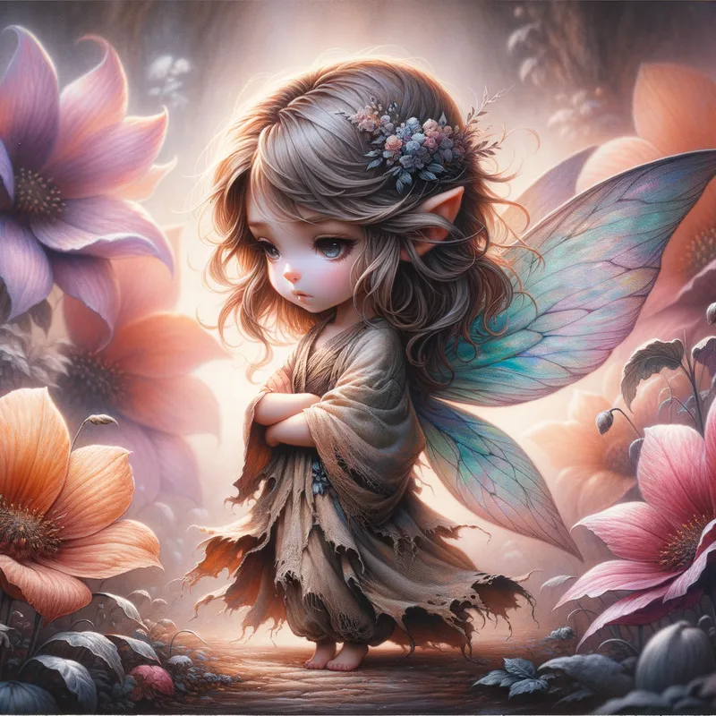 Mystical Garden Fairy - A mystical little chibi fairy girl deep in thought, adorned in beautifully tattered, flowing garments. This airbrushed oil painting reveals her ethereal beauty with a dreamy essence. Her hair gently sways in the breeze, surrounded by a garden of enormous, vibrant flowers. - AI image generated with Art