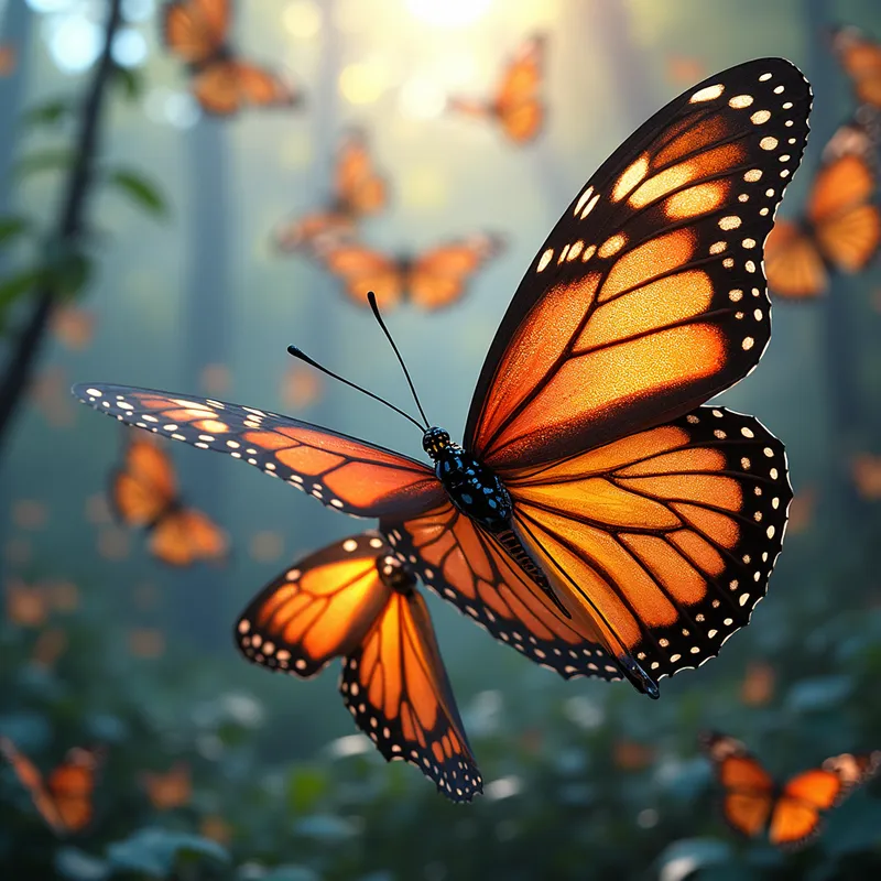 Mystical Metallic Butterfly Swarm - A swarm of butterflies with metallic and glass-like wings swirling through the air. Each butterfly reflects the light differently, creating a mesmerizing dance of color and motion. - AI image generated with Photorealistic 2 - double exposure, copper relief