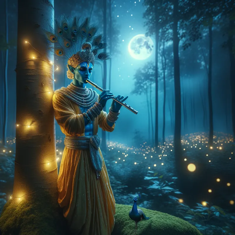 Mystical Night with Krishna - A mystical and serene night in Vrindavan's dense forest, lit by soft silver moonlight. Krishna, depicted with radiant blue skin, stands near a tree playing the flute. He is dressed in a yellow dhoti and adorned with a peacock feather crown, surrounded by glowing fireflies, creating a divine and peaceful scene. - AI image generated with Art