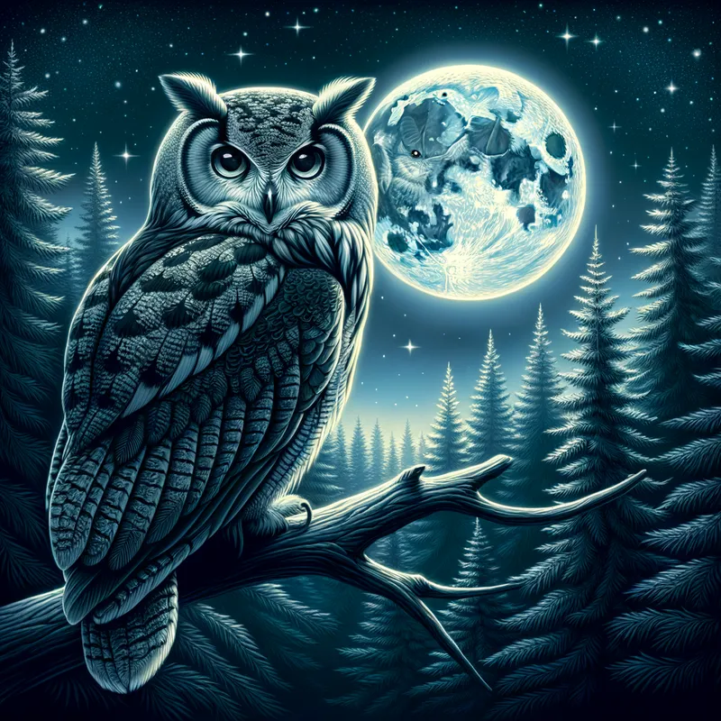 Mystical Owl in the Moonlight - A majestic owl perched on a branch, its detailed feathers illuminated by the soft glow of moonlight. The background features a starry night sky, with the moon casting a serene glow over a dense, shadowy forest. The owl's eyes are large and piercing, reflecting the intelligence and wisdom traditionally associated with these birds. The scene is imbued with a sense of calm and mystery, inviting viewers to ponder the secrets of the night. - AI image generated with Art