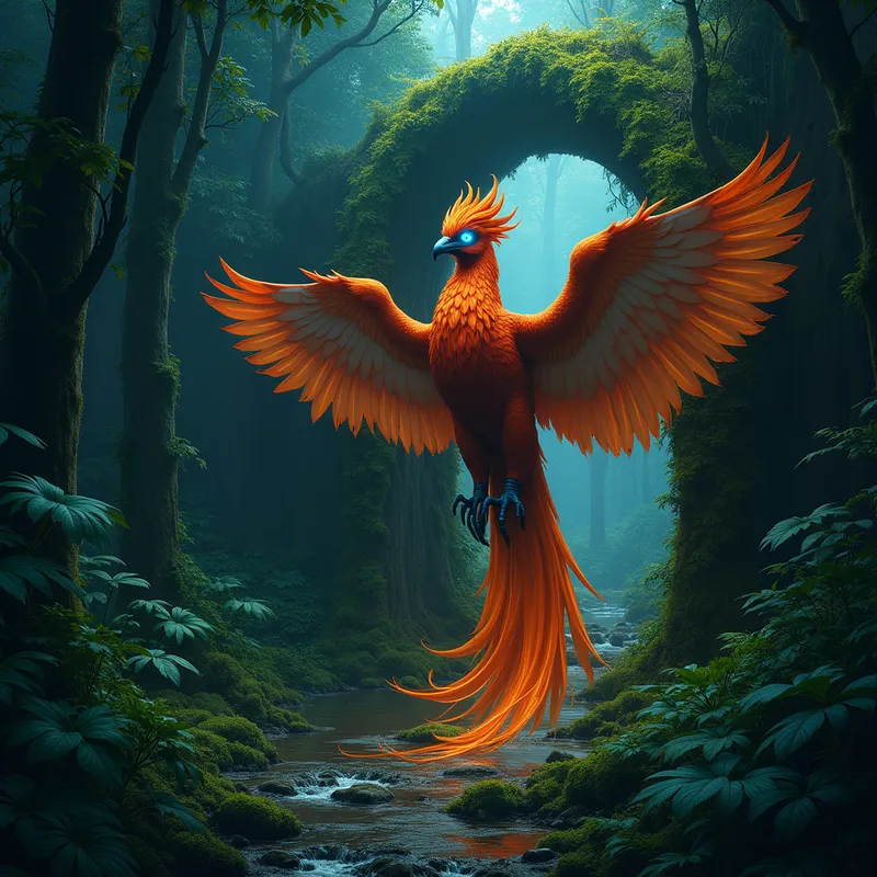 Mystical Ruins - A dark rainforest conceals a ruin encased in vivid green moss. Here, a majestic phoenix with burning feathers and glowing blue eyes finds its sanctuary. - AI image generated with Flux