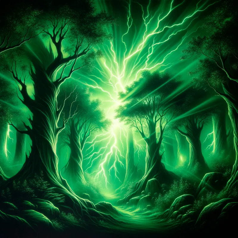 Mystical Storm - An enchanting depiction of a green lightning storm illuminating a mystical forest. The lightning casts an eerie glow over the trees, making the scene feel otherworldly and fantastical. - AI image generated with Art