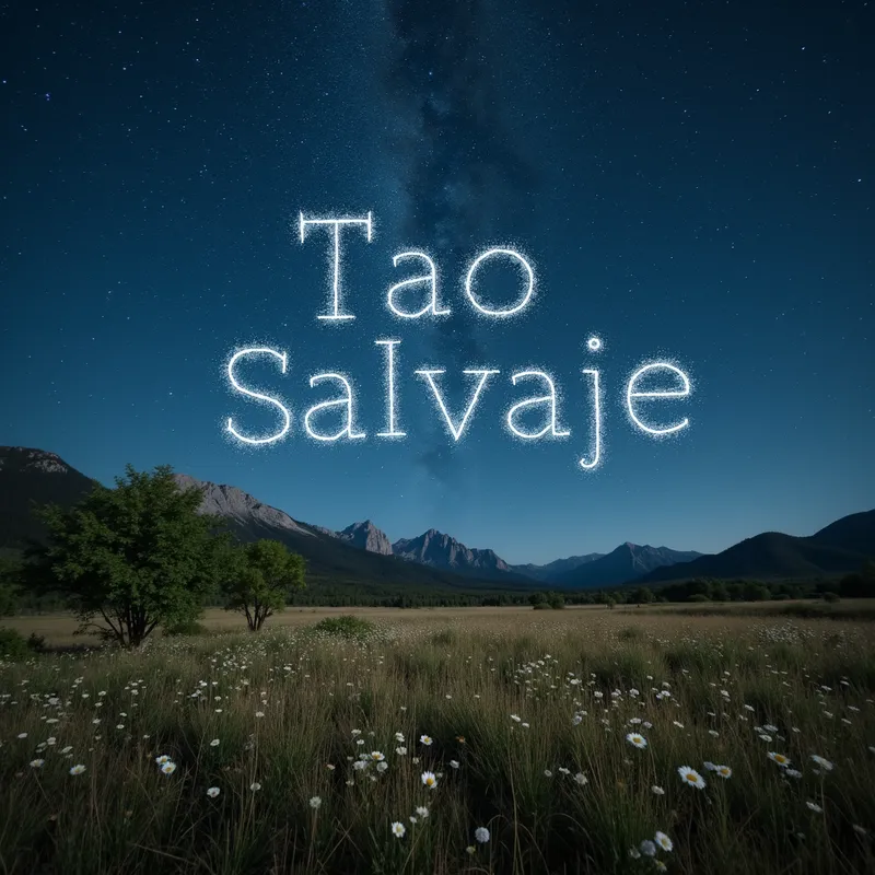 Mystical Tao Wilderness - A tranquil and wild meadow under the stars, with the phrase 'Tao Salvaje' appearing as a constellation, linking the earthiness of the wild with the infinite cosmos. - AI image generated with Text