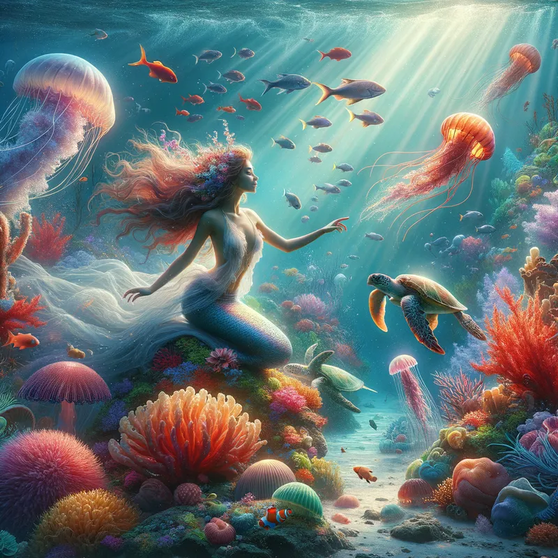 Mystical Underwater World - An ethereal underwater scene featuring a beautiful mermaid exploring vibrant coral reefs and interacting with curious marine creatures. - AI image generated with Art