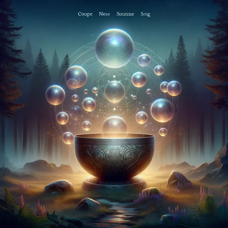 Mystical Vibrations - A captivating website landing page featuring an ancient, mystical singing bowl surrounded by floating, translucent orbs of light. The scene is set against a backdrop of a misty forest at dawn. - AI image generated with Art