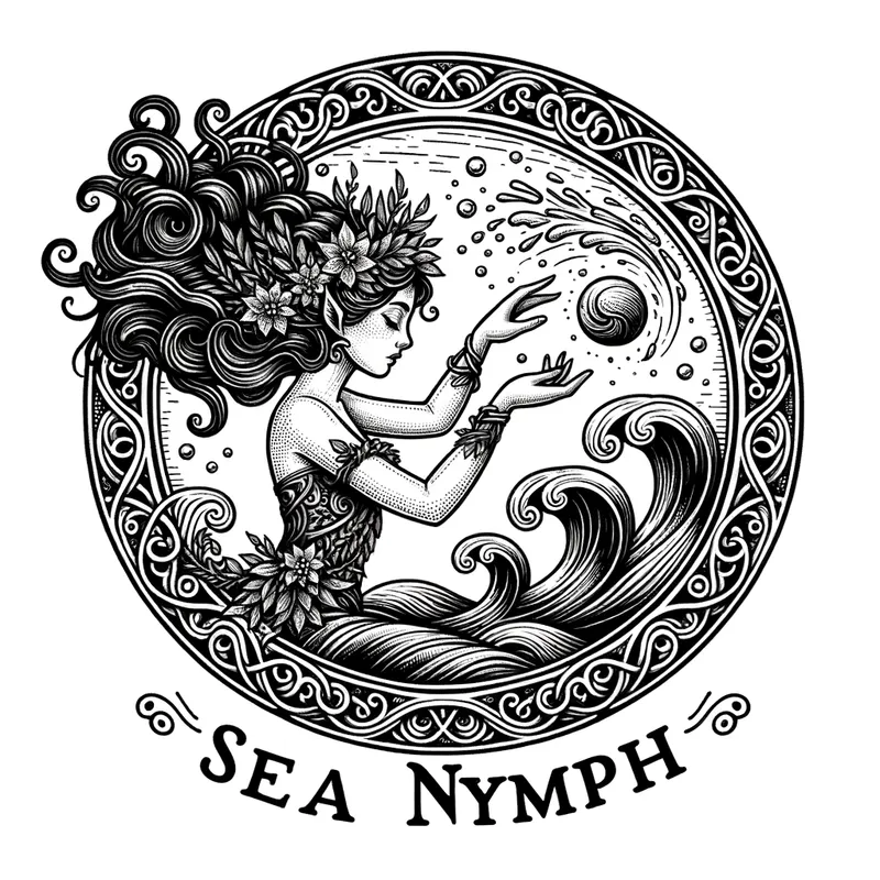 Mystical Water Nymph - Illustrate a mythological sea nymph conjuring waves within a circular border. Include details like sea flora in her hair and the inscription 'Sea Nymph' around the circle's edge in a whimsical font. - AI image generated with Art