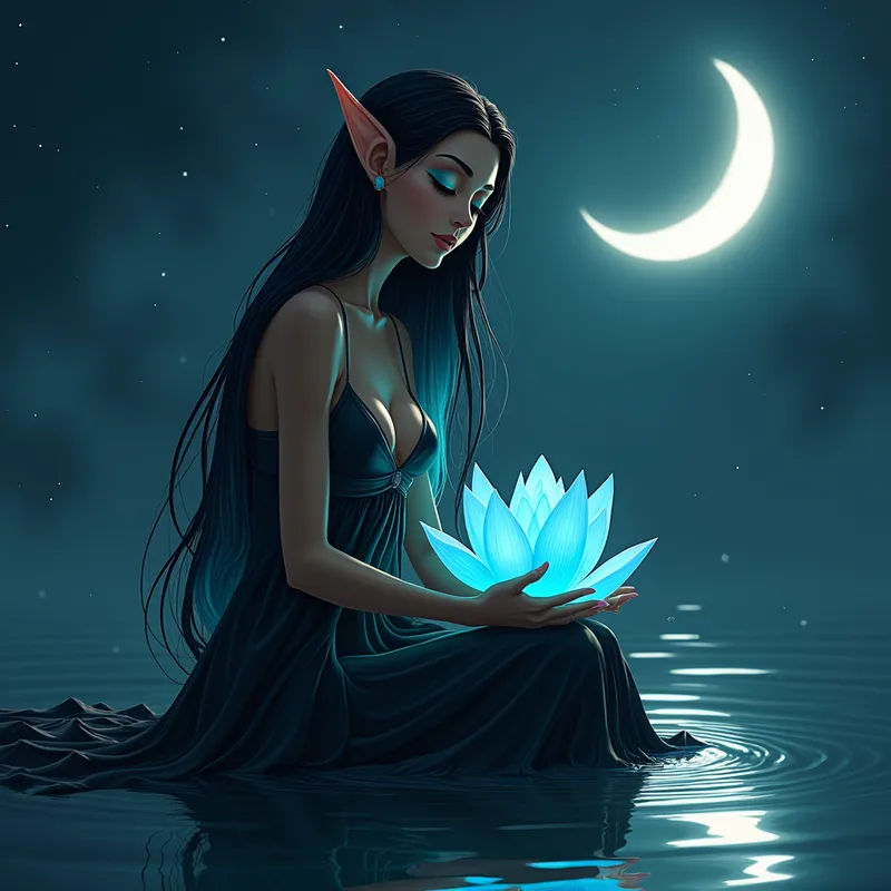 Mystical Waters - A hyper-realistic portrayal of a black-skinned elf woman with striking teal eyes and long black, teal, and white hair, sitting peacefully under a brilliant crescent moon. She cradles a glowing sapphire blue lotus, dressed in a flowy black dress, surrounded by a calm pool of shallow water that mirrors the night sky. - AI image generated with Photorealistic 2