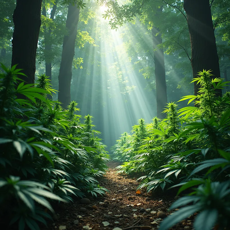 Mystical Weed Forest - A surreal, dense forest filled with various species of lush, green marijuana plants, with rays of sunlight filtering through the canopy, casting a magical glow on the surroundings. - AI image generated with Photorealistic 2
