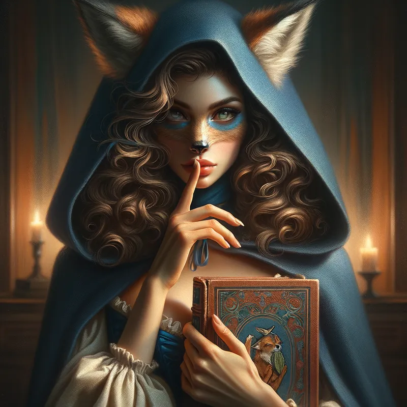 Mystical Woman in Blue Cloak - A woman with the top half of her face obscured by a blue cloak holds a book to her lips. Her wolf ears and brown curly hair peeking out from the top of her cloak. - AI image generated with Art
