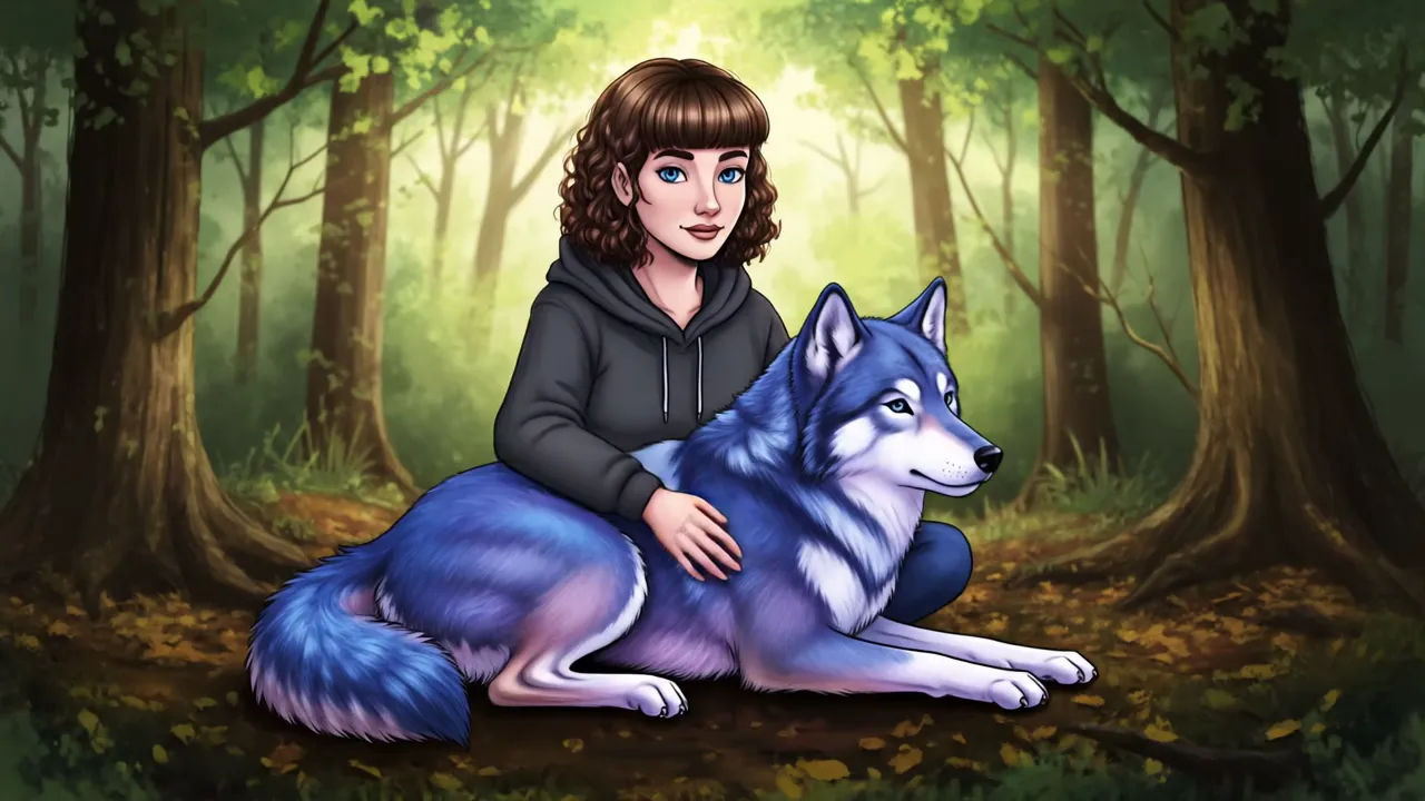 Mystical Woods with Woman and Wolf - Illustration style; a woman with brown curly hair and bangs, blue eyes in a dark hoodie. She sits in the woods with a blue and purple wolf on her lap. - AI video generated with Veo 3