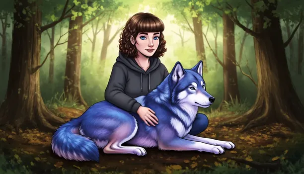 Mystical Woods with Woman and Wolf
