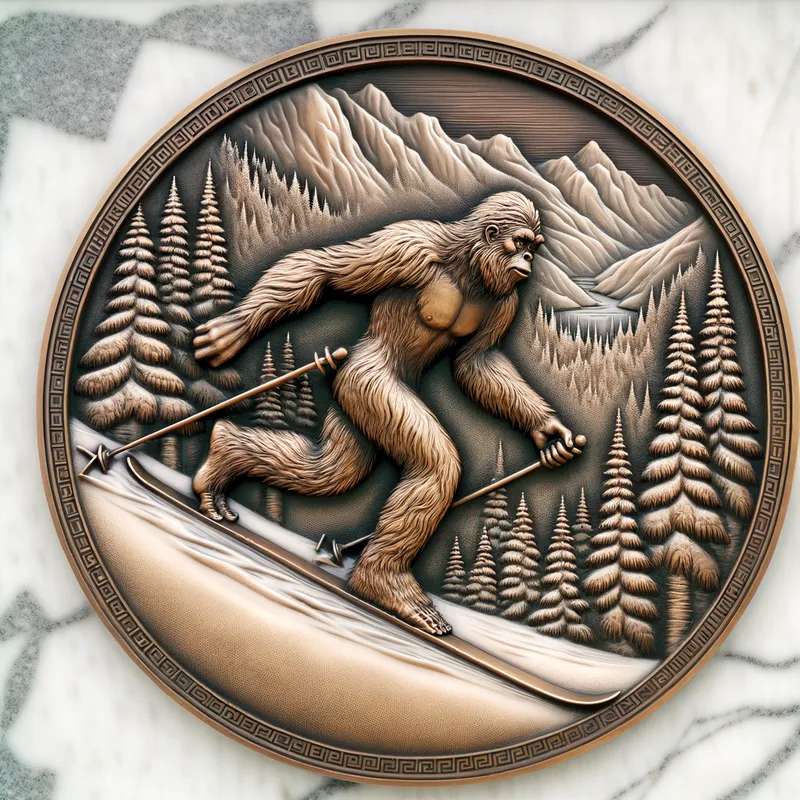 Mythical Bigfoot on Skis - A detailed circular bas-relief of Bigfoot engaged in skiing. The scene captures the mythical creature mid-action, gliding through a forested, snow-laden landscape, with fine detail emphasizing the power and grace of movement. - AI image generated with Art