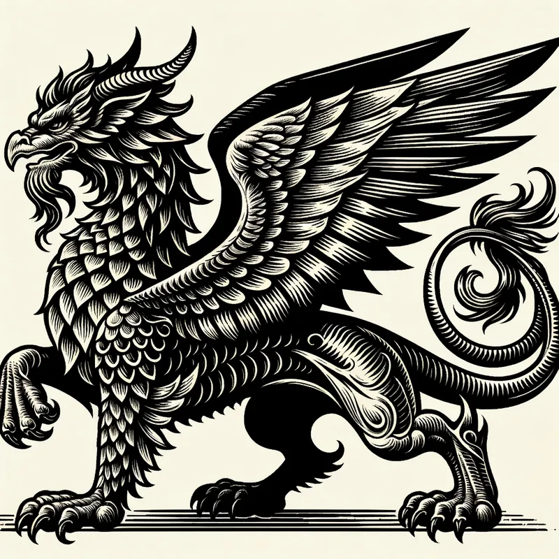 Mythical Creature - A woodcut-style illustration of a mythical creature such as a dragon or griffin, with elaborate details showcasing its scales, wings, and powerful stance. - AI image generated with Art