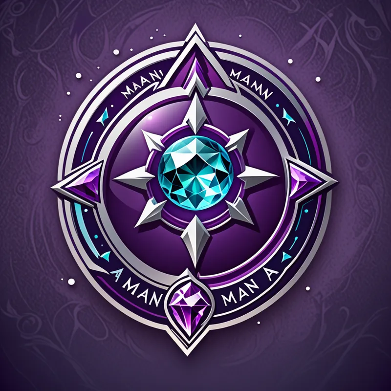 Mythical Mana Arcane Emblem - Design a clean, professional fantasy-inspired logo for a proxy card shop named Mythical Mana. Feature a stylized mana crystal or glowing orb combined with a trading card silhouette. Use elegant arcane details, subtle magical energy, and a bold readable shop name. Color palette of deep purple, blue, silver, and teal. Modern logo design, vector style, centered composition, high contrast, transparent or plain background. - AI image generated with Fictional