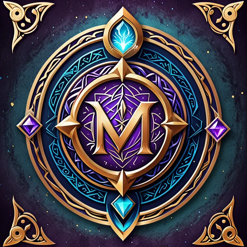 Mythical Mana Mystic Card Crest - Create a premium logo for Mythical Mana, a proxy card shop, using a crest-style emblem with a fantasy trading card at the center. Surround it with magical runes, spark effects, and ornate symmetrical framing. Include the text Mythical Mana in a strong, memorable fantasy font. Use rich colors like violet, gold, midnight blue, and cyan. Minimal clutter, scalable vector logo, polished brand identity look. - AI image generated with Fictional