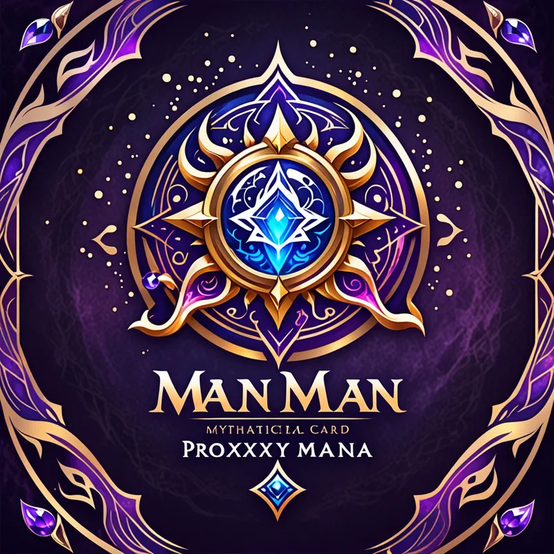 Mythical Mana Spellbook Mark - Logo design for Mythical Mana proxy card shop featuring an open enchanted spellbook emitting mana flames and sparkling magical symbols, combined with subtle card-frame motifs, clean scalable vector artwork, mystical fantasy branding, vibrant sapphire and amethyst colors with gold highlights, strong legible text - AI image generated with Fictional