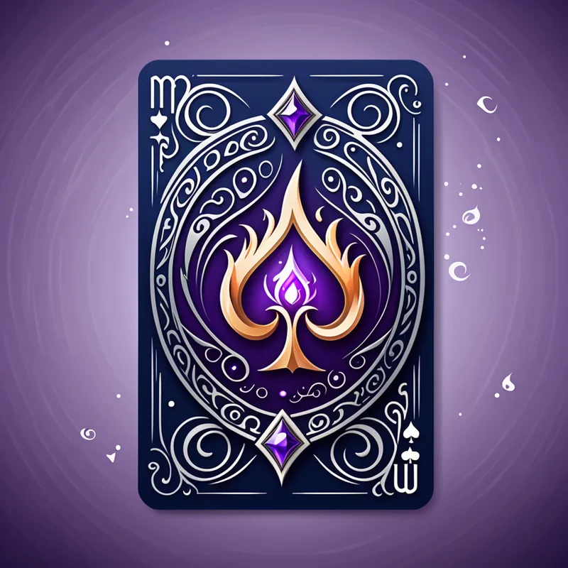 Mythical Mana Spellbound Deckmark - Design a sleek fantasy logo for a proxy card shop called Mythical Mana. Show an enchanted deck of cards with magical energy swirling upward into a mana flame or star. The typography should be bold and legible with a mystical flair. Use a refined palette of indigo, amethyst, silver, and soft glow accents. Professional logo concept, minimal but detailed, vector art style, isolated background. - AI image generated with Fictional