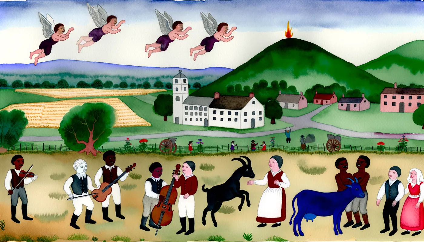 Mythical Pastures: Cello, Milk, Dance - Aquarell, Hüglige Landschaft ein kleiner Weiler, Wiese Fliegende Engel, brennender Busch, Ziegenbock spielt Cello, Blaue Kuh wird von einer Frau gemolken, Junge Männer tanzen  - AI image generated with Art