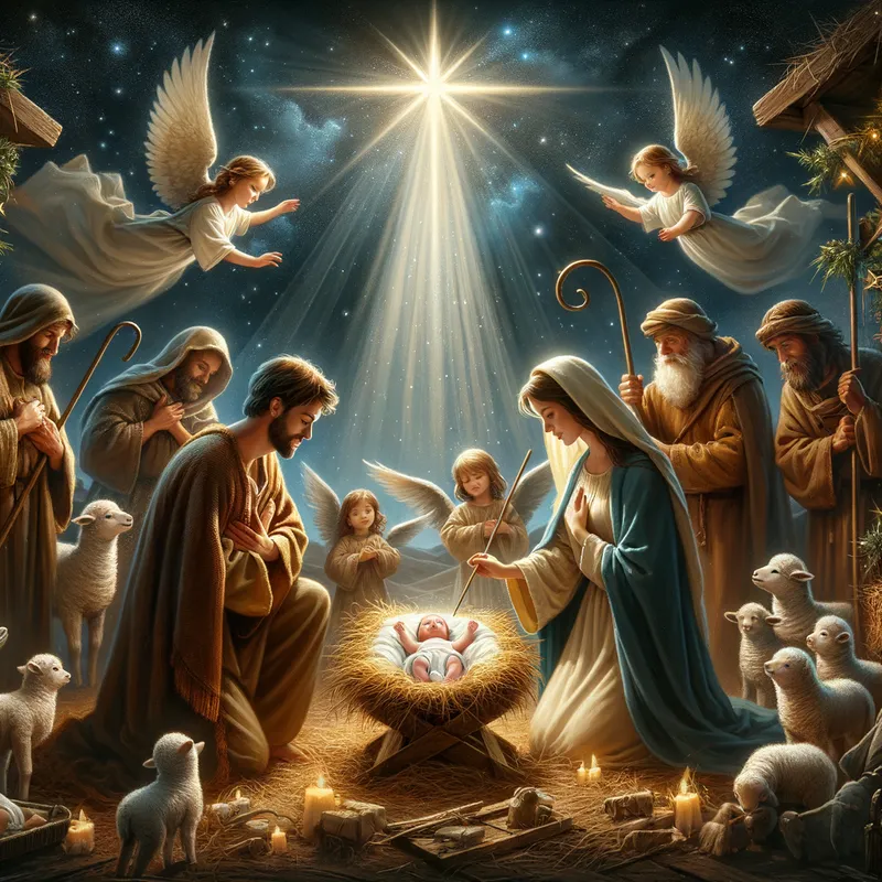 Nativity Scene - A beautiful nativity scene capturing the birth of Christ, with Mary, Joseph, baby Jesus in a manger, surrounded by shepherds, angels, and the Star of Bethlehem shining brightly overhead. - AI image generated with Art