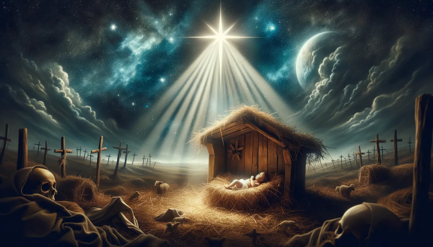 Nativity Scene - An artistic representation of the nativity scene, with baby Jesus lying in a wooden manger, the bright star of Bethlehem shining above. - AI image generated with Art