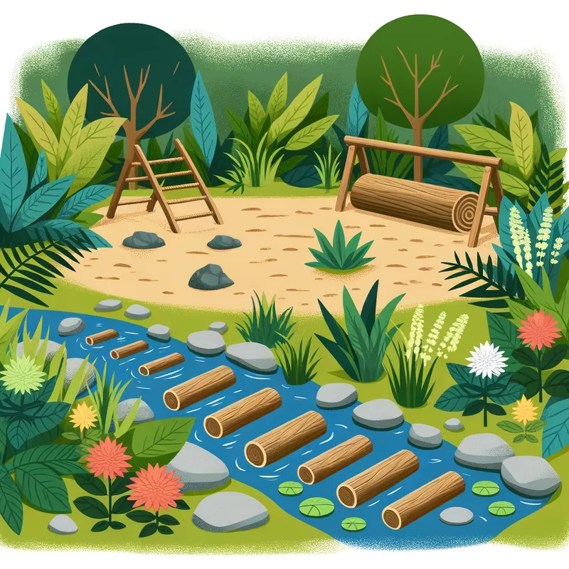 Nature-Inspired Retreat - A serene and eco-friendly kids' play area featuring a sandpit nestled among lush greenery, a log balance beam, and a small stream or pond with stepping stones. - AI image generated with Art