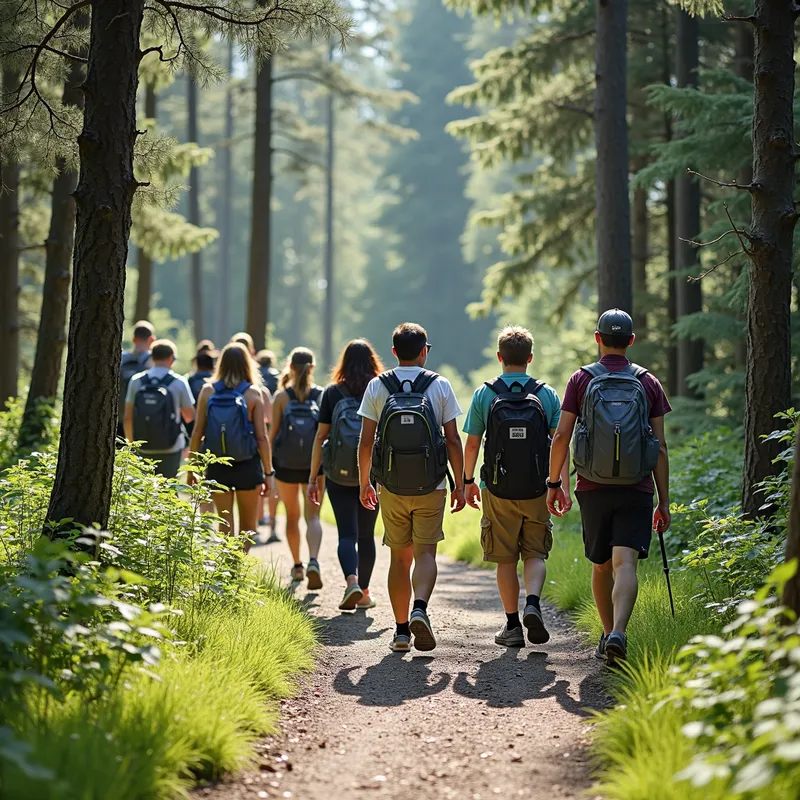 Nature Trail Adventure - A diverse group of tourists walk along a well-maintained nature trail in a protected forest. Signs along the trail educate visitors about local wildlife and conservation efforts. The group practices responsible tourism, ensuring minimal impact on their surroundings. - AI image generated with Photorealistic 2