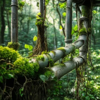 Nature and Pipes Integration - A unique blend of nature and industrial elements, showing a network of pipes intertwined with plant roots, moss, and vines. The pipes have patches of greenery growing on them, and the background is a lush, dense forest with sunlight filtering through the trees.