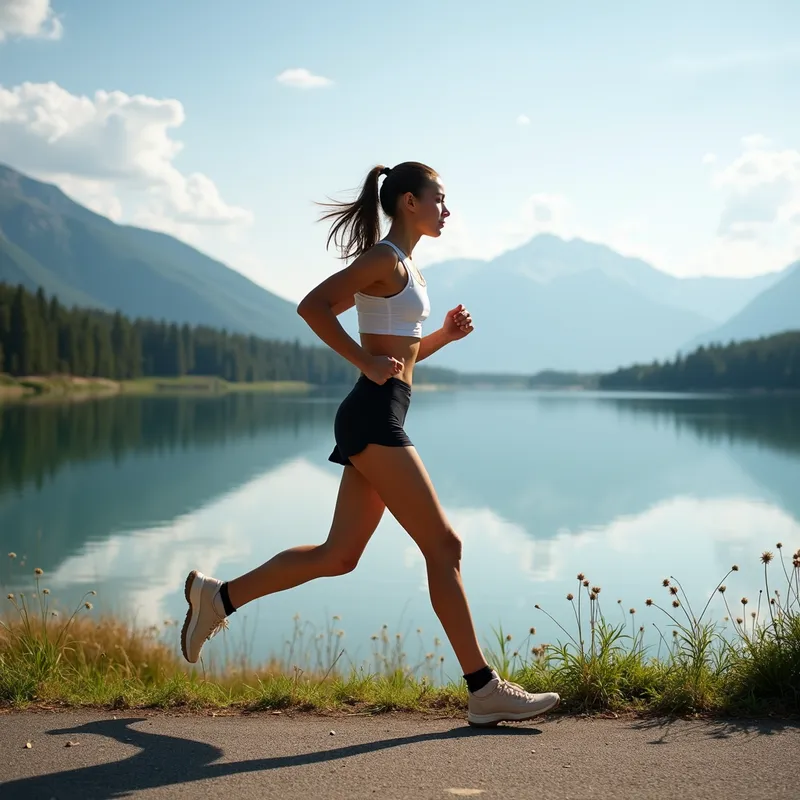 Nature's Ballet Jog - A picturesque landscape with a female jogger wearing ballet pointe shoes, running beside a calm lake with mountains in the distance, embodying beauty and grace. - AI image generated with Photorealistic 2