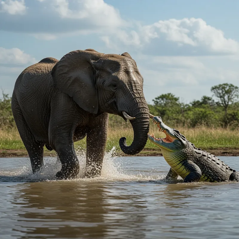 Nature's Brutal Encounter - An ultra realistic, 4K HD cinematic video captured with the Sony Alpha a9 II and Sony FE 200-600mm f/5.6-6.3 G OSS lens. This hyper-detailed footage features a tense and brutal fight between an elephant and a crocodile as the elephant steps into the water, and the crocodile attacks. Natural lighting highlights the raw intensity of the scene. - AI image generated with HiDream Full