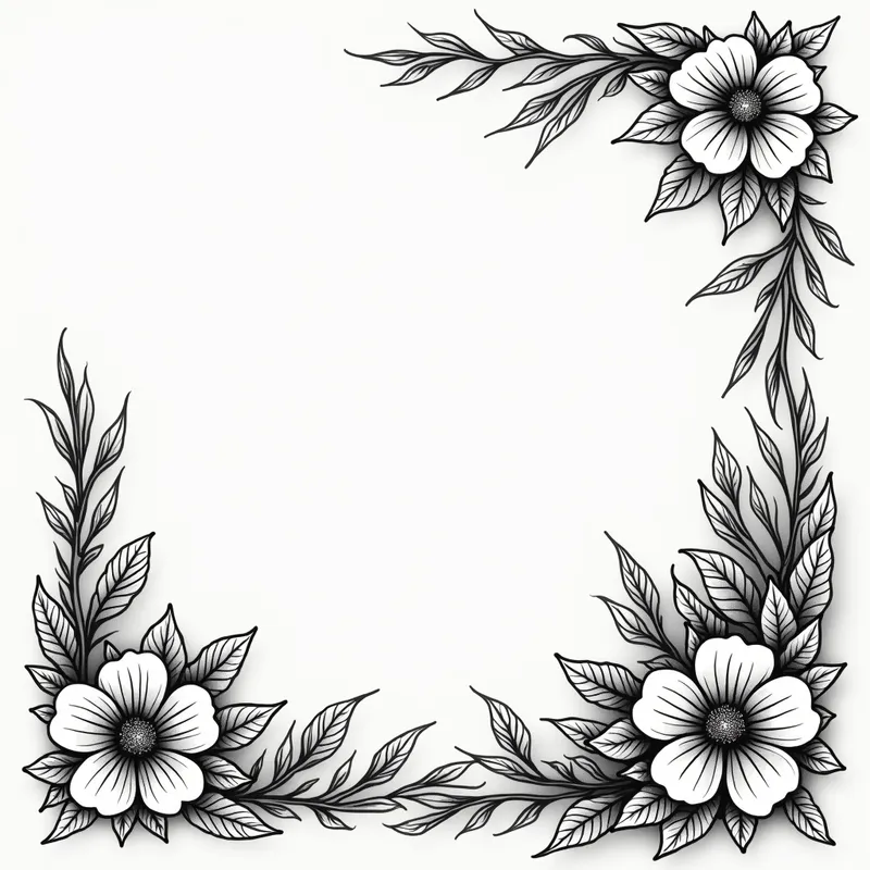 Nature's Corners - Vector style corner borders themed around natural floral elements, blending stylized flowers and foliage seamlessly into intricate corner designs. - AI image generated with Photorealistic 2 - tattoo drawing, contour drawings
