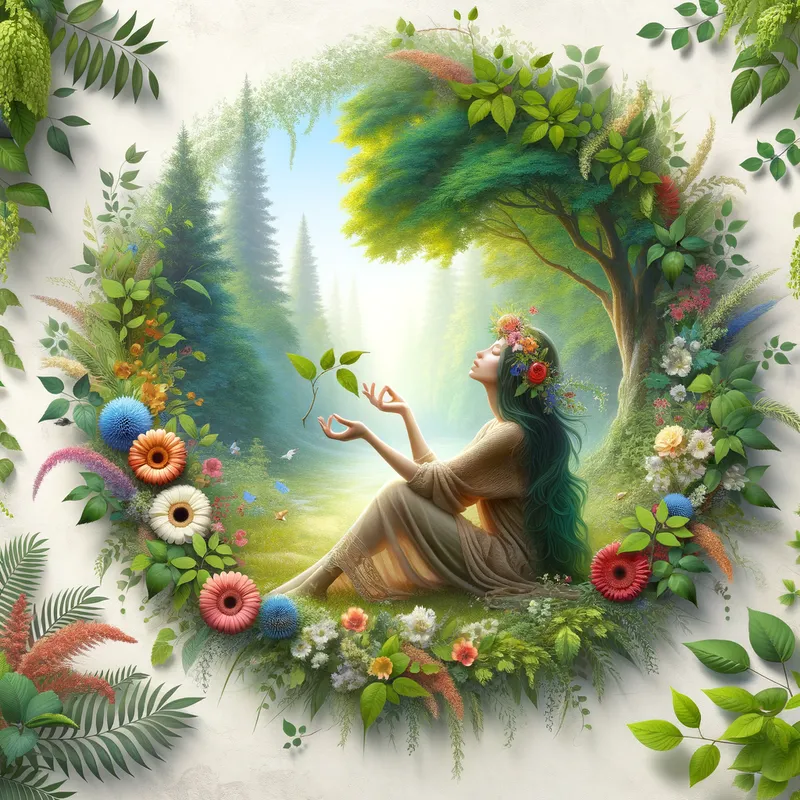 Nature's Embrace - A serene and peaceful outdoor scene featuring a woman enveloped by nature, with lush greenery and vibrant flowers around her, symbolizing harmony and the intimate connection between humanity and the natural world. - AI image generated with Art