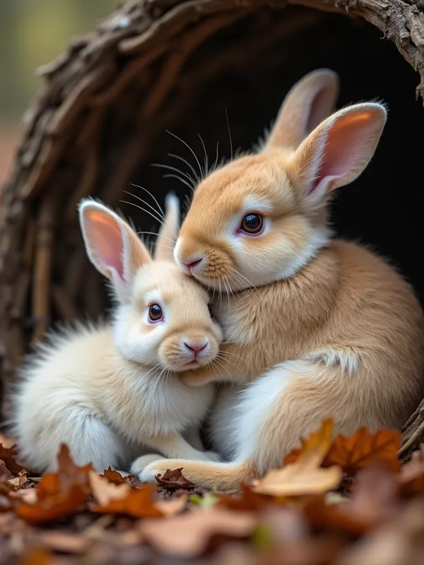 Nature's Embrace - A serene scene depicting a mother angora rabbit cuddled closely with her fluffy offspring in a leaf-strewn den, evoking a sense of warmth and tranquility. - AI image generated with Photorealistic 2