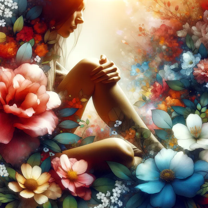 Nature's Embrace - A close-up of a woman sitting amidst a blooming garden, with flowers cascading around her, evoking a sense of freedom and connection to nature. - AI image generated with Art